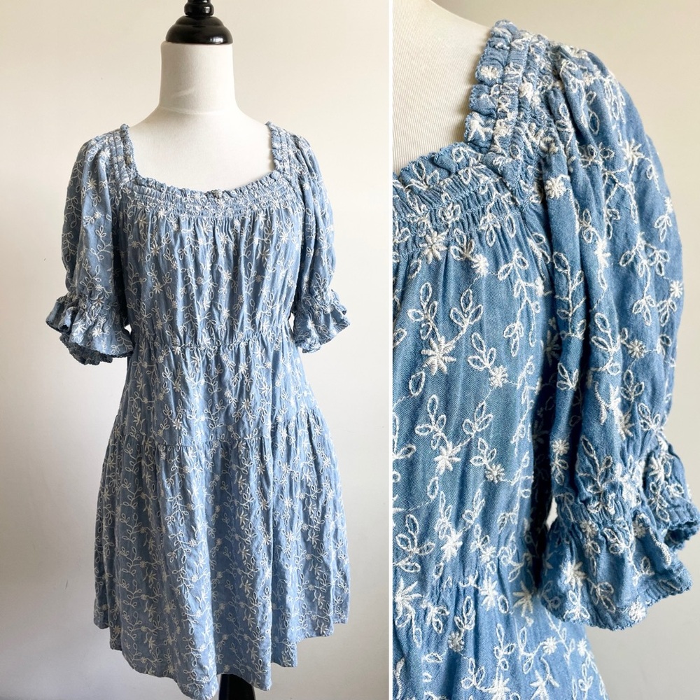 Tiered Floral Embroidered Puff Sleeve Mini Dress
